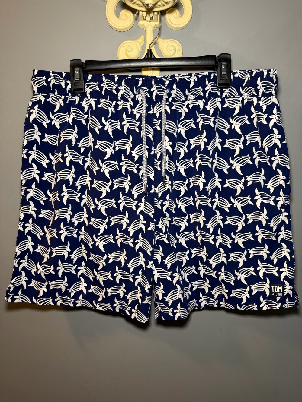 Tom & Teddy Navy Blue and White Turtle Print Swim Trunks
